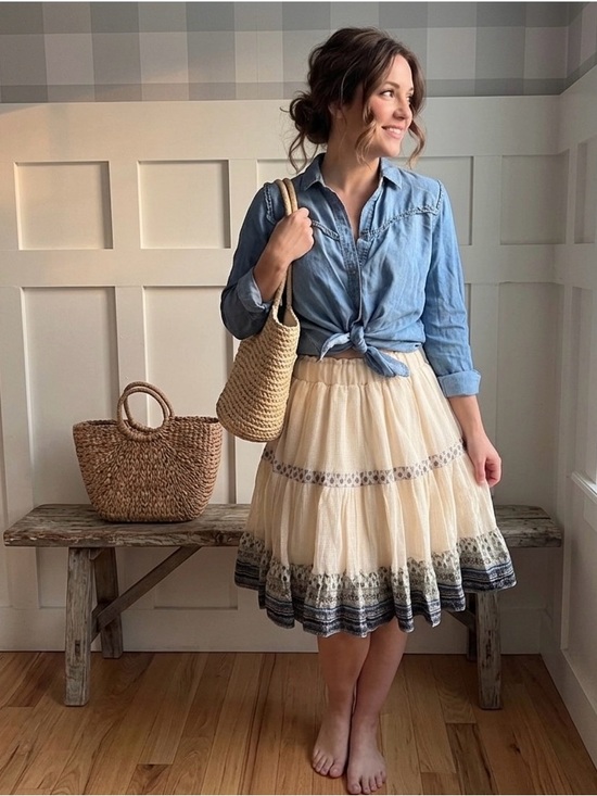Dresses & Skirts - Vintage Fairy Core Bohemian Cream and Blue Patterned Skirt Size Small Boho